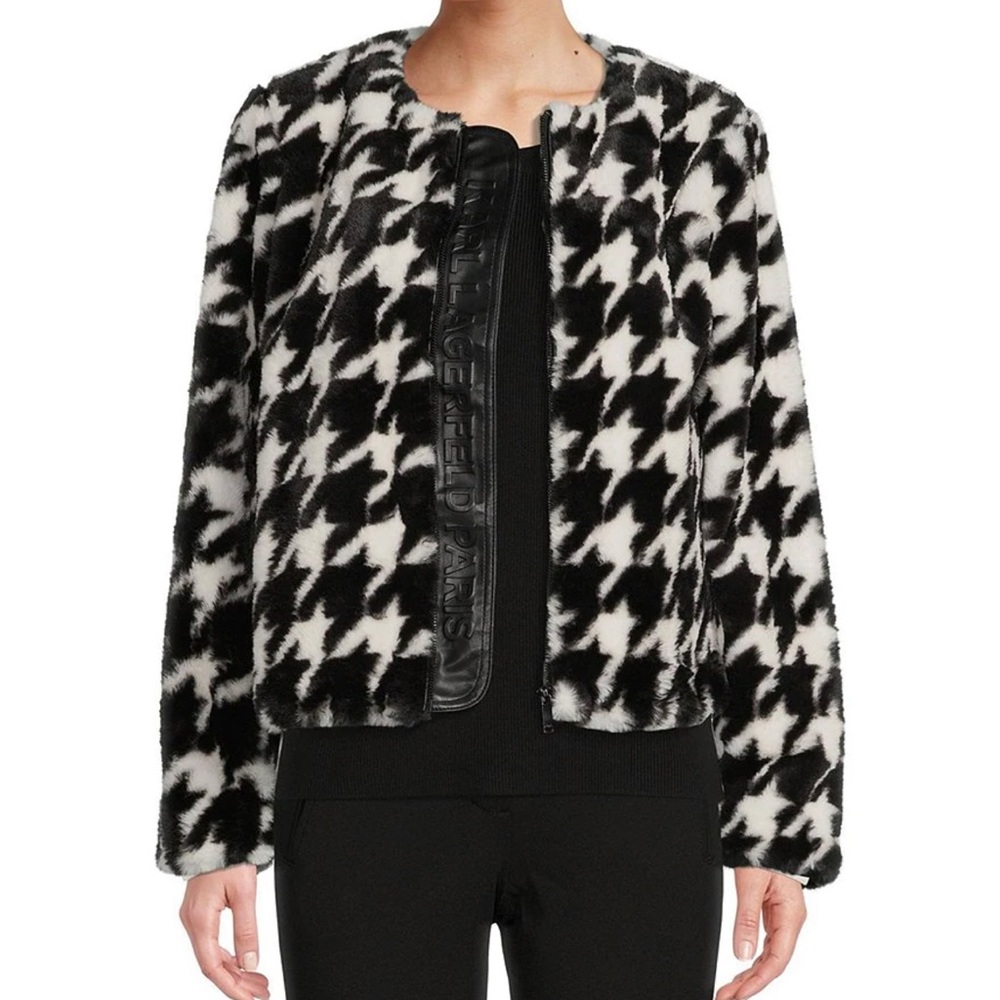 KARL LAGERFELD PARIS 
Houndstooth Print Plush Crew Neck Bomber Statement Jacket